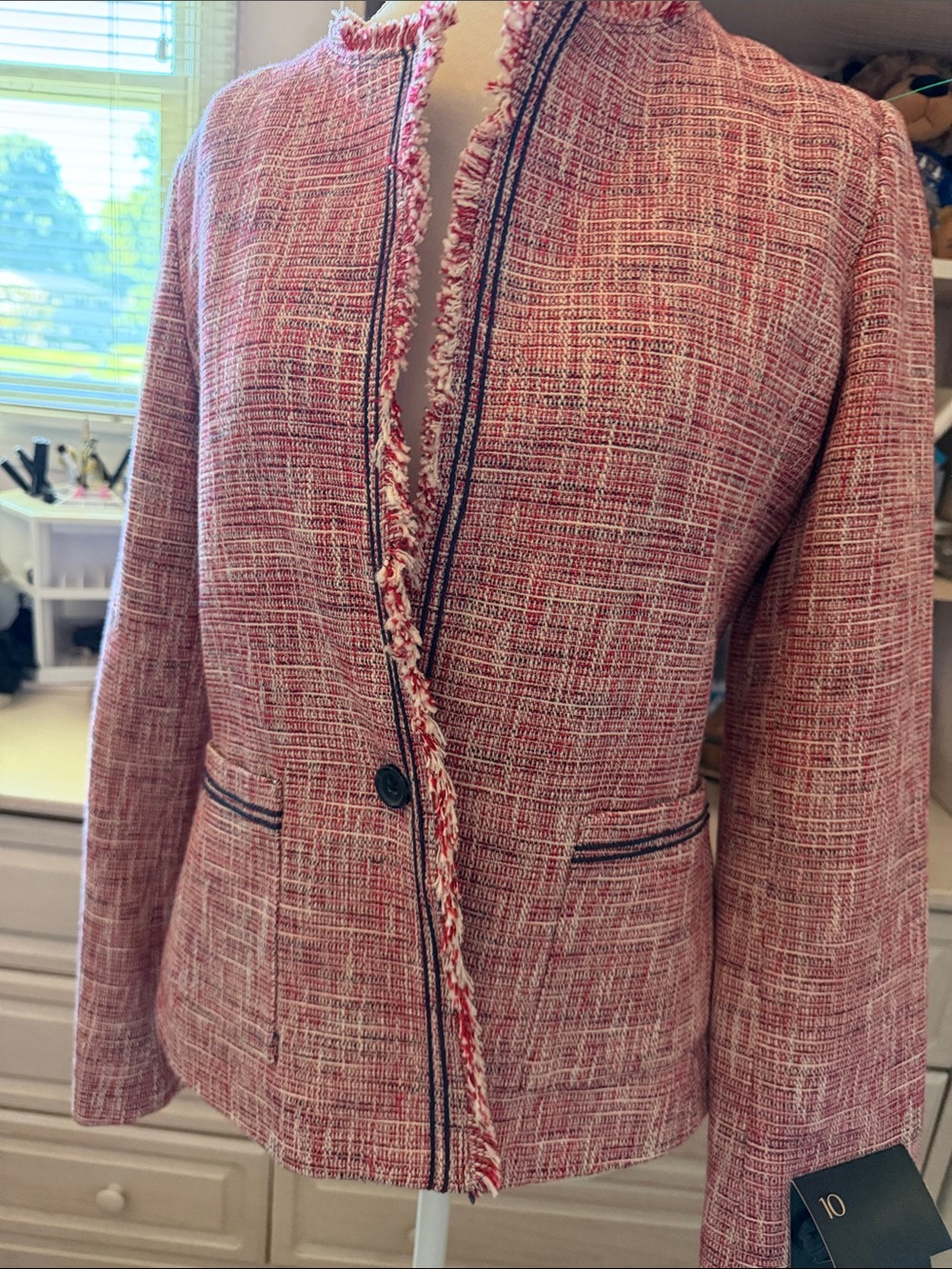Banana Republic Pink Tweed Fringe Single-Button Blazer